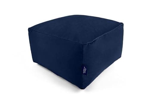 Image of Littens Navy Blue Square Footstool Bean Bag, Soft Luxury Velvet, Ottoman Pouffe, Living Room Decorative Low Seat, Piped Detailing (45cm x 45cm x 25cm)