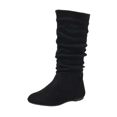 Image of Women Slouchy Suede Knee High Flats Boots Thigh High Wide Calf Long Boot Winter Slip On Casual Shoes with Side Zipper Comfortable Daily Wear & Outdoor Fashion Footwear Black
