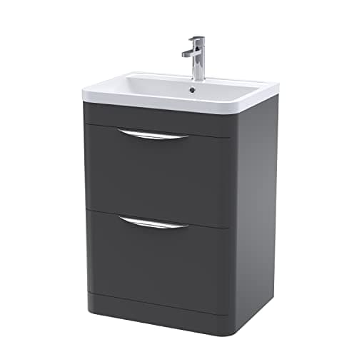Image of nuie FPA1401A Parade Modern Bathroom Floor Standing 2 Drawer Vanity Cabinet with Ceramic Basin, 600mm, Soft Black