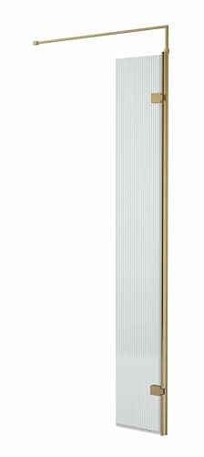 Image of Balterley Contemporary Bathroom 8mm Fluted Glass Swing Return Wetroom Screen with Support Bar, 1950 x 322 x 27mm, Brushed Brass
