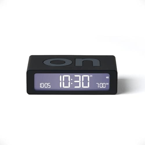 Image of Lexon Flip Mini digital alarm clock, On Off LED clock with Adjustable Brightness, Rechargeable or Mains Powered, Sleek Retro Bedroom Decor Ideal for Alarm Clocks Bedside Use - Black