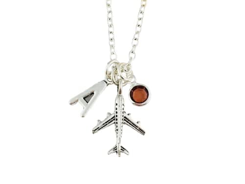 Image of Personalised Airplane Necklace on sterling silver or silver plated chain with initial charm and birthstone crystal wanderlust jewellery travel lover, graduation gift geography teacher photography