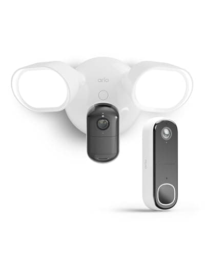 Image of Arlo Floodlight Security Camera Outdoor and HD Video Doorbell, Quality 2K HDR, Colour Night Vision, Ringing Alarm Siren, Up to 2000 Lumen, 2-Way Talk, Trial of Arlo Secure Included, White