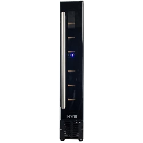 Image of HYE Wine Cooler - Wine Fridge With 7 Bottle/22L Storage, 14.8CM Width, Wooden Shelves, LED Top Lighting, Temperature Range Adjustment, 39 dB Operation, Perfect For Kitchens & Home Bars - RF01WC7SB31