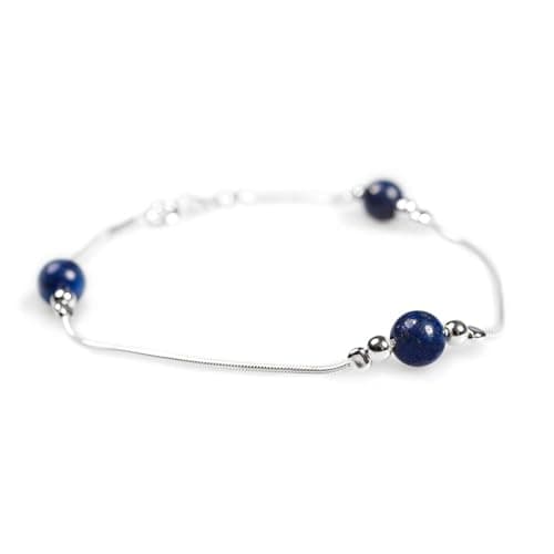 Image of HENRYKA 925 Sterling Silver & Lapis Lazuli Bracelet | Boho Style Snake Chain & Lapis Beaded Bracelet | Unique Summer Jewellery & Holiday Fashion Accessory for Teenage Girls & Women
