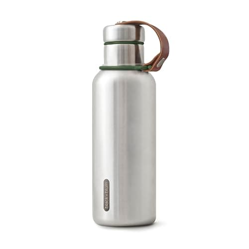Image of BLACK+BLUM - Water Bottle - Stainless Steel Thermal Insulated Leak Proof Travel Thermo Flask with Wide Spout and Stylish Vegan Leather Carry Loop - Keeps Hot for 12 hrs, Cold for 24 hrs, Olive - 500ml