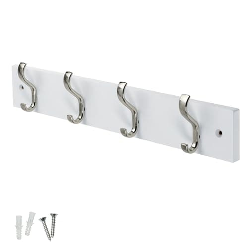 Image of keypak Minimalistic Wall-Mounted Coat Rack – 4 Hooks on Stylish Modern Wooden Base for Wall & Door – 38cm – All Fixings Included (Satin Nickel/White)