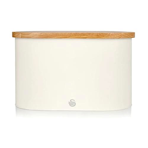 Image of Swan SWKA17512WHTN Nordic Scandi Bread Bin with Bamboo Cutting Board Lid, Cotton White, Steel