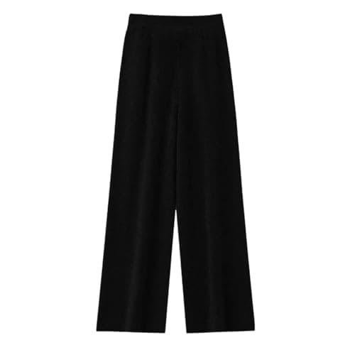Image of Women 100% Merino Wool Knitted Basic Soft Warm Cashmere Knit Trousers Simple Wide Leg Pants Black M
