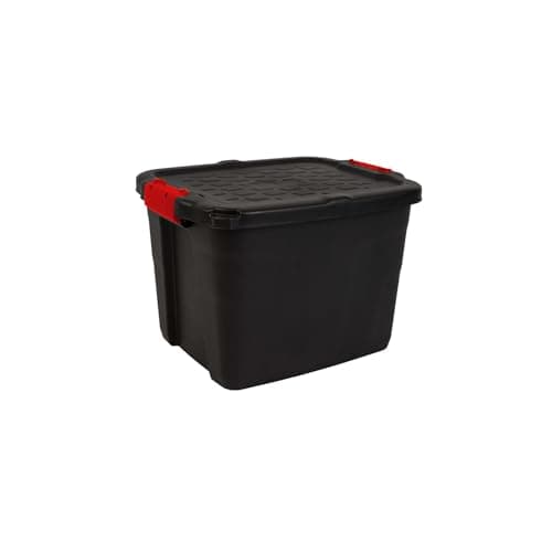 Image of Strata Heavy Duty Large Storage Box, 42L, Lockable, Indoor/Outdoor, Clip Lock, Black with Red Handles