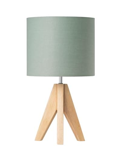 Image of EDISHINE 36cm Bedside Lamp, Wood Tripod Table Lamp with Bean Green Linen Lampshade, ON/Off Switch, Desk Lamp for Living Room Bedroom, E27 Base, 2700K LED Bulb Included