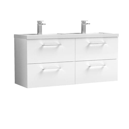 Image of nuie ARN124C Arno Modern Bathroom Wall Hung 4 Drawer Double Vanity Unit with Twin Polymarble Basin, Gloss White