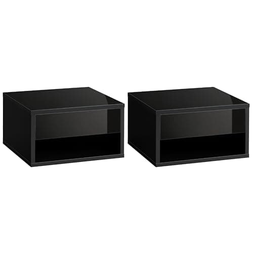 Image of HOMCOM Floating Bedside Tables Set of 2, Wall Mounted Nightstand with Drawer and Open Shelf for Bedroom, High Gloss Black