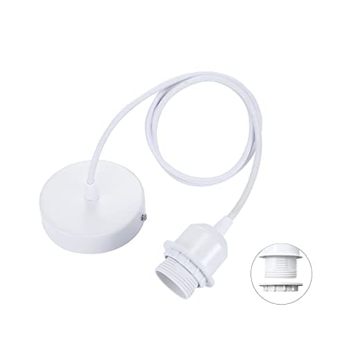 Image of Linkind Metal Pendant Light Fitting, Ceiling Rose E27 Screw Lamp Holder with Lock Ring for Shade, 100cm Braided Flex Cable, Industrial Style, White, 1 Pack
