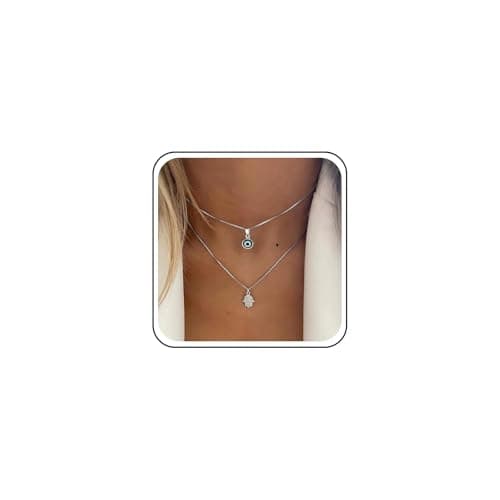 Image of Cybche Vintage Layered Evil Eye Choker Necklace Silver Hamsa Hand Pendant Necklace Turkish Blue Eye Necklaces Layering Italian Box Chain Necklaces Lucky Protection Jewelry for Women