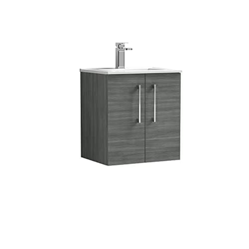 Image of nuie ARN521B Arno Modern Bathroom Wall Hung 2 Door Vanity Unit with Minimalist Ceramic Basin, 500mm, Woodgrain Anthracite