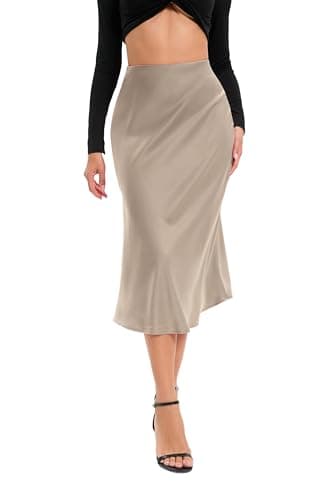Image of Oyamiki Ladies Satin Skirts Elasticated Waist Long Maxi Summer Skirts Midi a Line Skirt, M