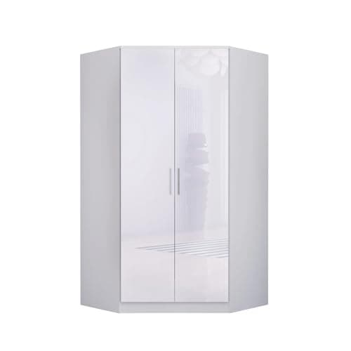 Image of URBAN High Gloss Corner Wardrobe with 2 Hanging Rails and 10 Shelves, MDF 2 Door Wardrobe for Bedroom with Spacious Storage, Modern Space Saving Design (White)