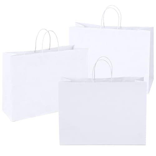 Image of Ronvir 50 Pcs Large Gift Bags,41x15x30cm Recycled Kraft Paper Bags With Handles for Business, Wedding, Retail, Grocery, Shopping, Birthday, Halloween, Christams,White