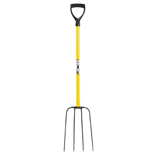 Image of JCB 32'' 4 Prong Professional Manure Fork Made of Heavy Duty Carbon Steel with a Rubber T Handle Professional Site and Gardening Tools