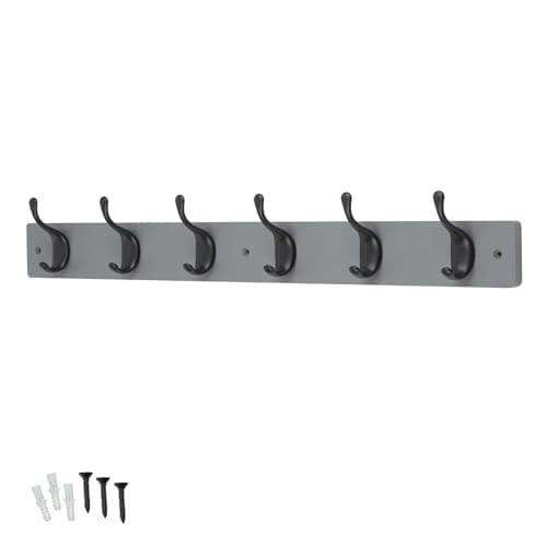 Image of keypak 6 Hook Grey Wooden Wall Mounted Coat Rack with 6 Matte Black Hooks - Heavy Duty Wooden Board for Coats, Hats, Bags, Tools Space Saving Wall Storage Organiser, Fixings Included