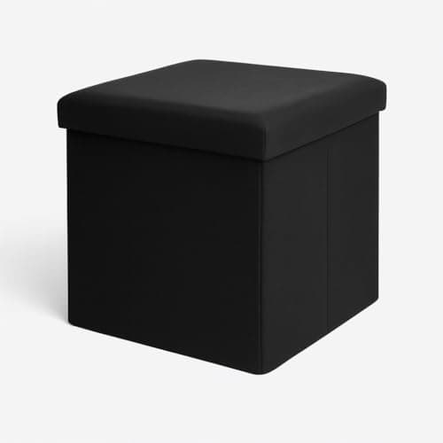 Image of BURAKH Faux Leather Foldable Storage Ottoman – Folding Storage Box Seat Stool with Lid | Multi-Purpose Footstool & Storage Boxes for Home, Bedroom & Living Room (Black, Single)