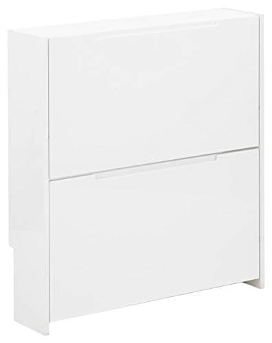 Image of GFW Narrow High Gloss 2 Tier Shoe Cabinet Stores Up To 6 Shoes, Wooden Slim Shoe Organiser Cabinets for Home Entryway, Hall & Bedroom, White, H-75.6cm x W-72cm x D-17cm