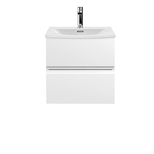 Image of Hudson Reed URB102G Urban Modern Bathroom Wall Hung 2 Soft Close Drawers Vanity Unit with Round Ceramic Basin with 30mm Profile, 500mm, Satin White