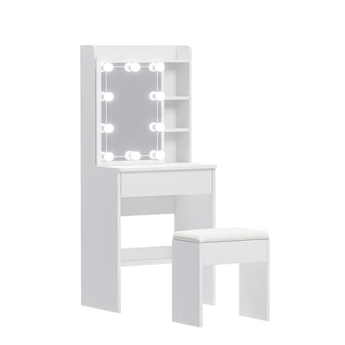 Image of Hollywood Makeup Vanity Set with LED Mirror, 3 Colour Lighting Modes & Adjustable Brightness, Dressing Table Set with 1 Large Drawer, 7 Storage Shelves & Cushioned Stool Cosmetic Table for Bedroom