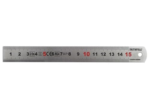 Image of Faithfull Measuring Rule 150mm (6 Inch) – Matt Silver Stainless Steel Ruler with Clear Metric Graduations & Hanging Hole