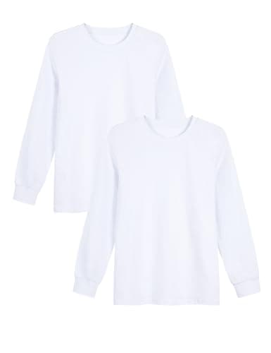 Image of Witwot 2 Pack Boys Long Sleeve T-Shirt Cotton Kids Crewneck Tshirt Casual Unisex School Top Tee for Children 9-10 Years, White, Tag 140