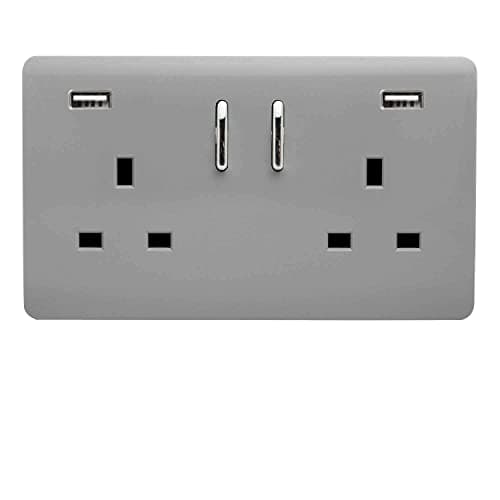 Image of Trendi 2 Gang Artistic Modern Glossy 13 Amp 2 x 3.1mA USB Switched Plug Socket Light Grey