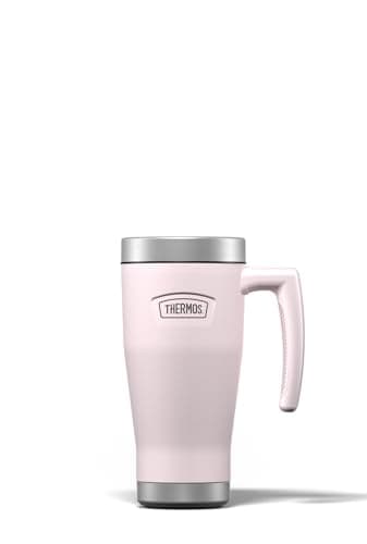 Image of Thermos - Icon Peony Pink Travel Mug (470ml), Reusable Insulated Stainless Steel Coffee Cup for Hot or Cold Drinks, Vacuum Sealed Water Flask with a Leak-Proof Lid, 7hr Hot/22hr Cold