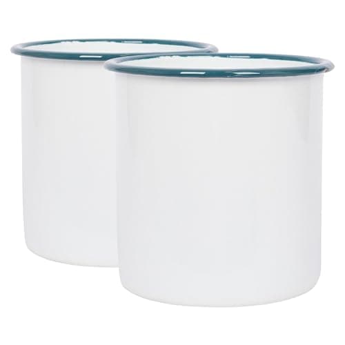Image of Argon Tableware Enamel Utensil Holders - 15.5cm - Pack of 2 - Green Rim - White Stainless Steel Kitchen Cutlery Holder Utensils Spoon Storage Organiser Rack Caddy Stand