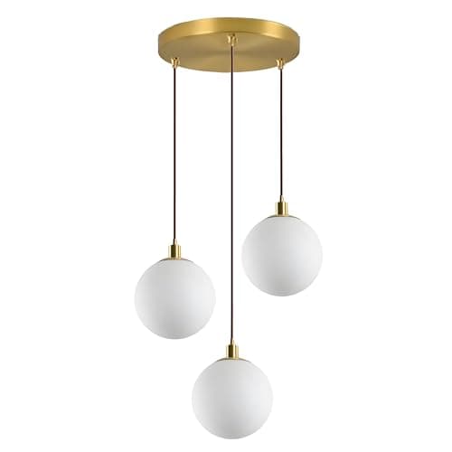 Image of HJXDtech Minimalist 3-Light Cluster Pendant, Gold Finish & White Glass Ball Shades, Modern Height Adjustable Ceiling Pendant Light for Dining Room, Salon & Kitchen