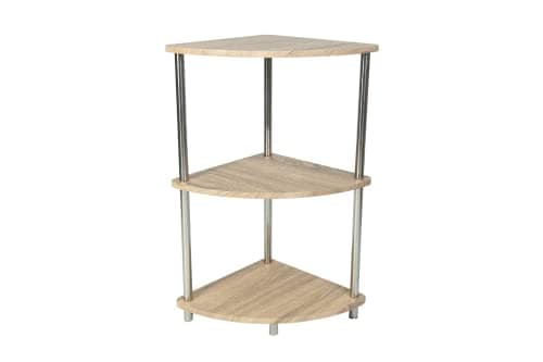 Image of Saxony® Corner Shelf Unit 3 Tier Oak Finish Corner Shelving Storage Shelves Small Bookshelf Free Standing Stainless Steel Legs Living Room Decor Stylish Indoor Furniture