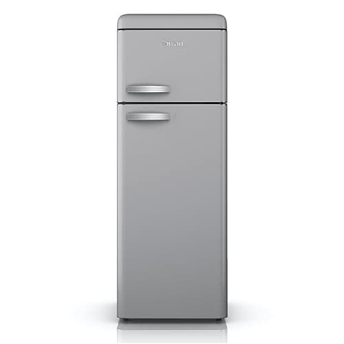 Image of Swan Retro 70/30 Fridge Freezer with 4 Glass Shelves, 3 Freezer Drawers, Salad Crisper, Chrome Wine Rack, Grey, SR11020GRNE