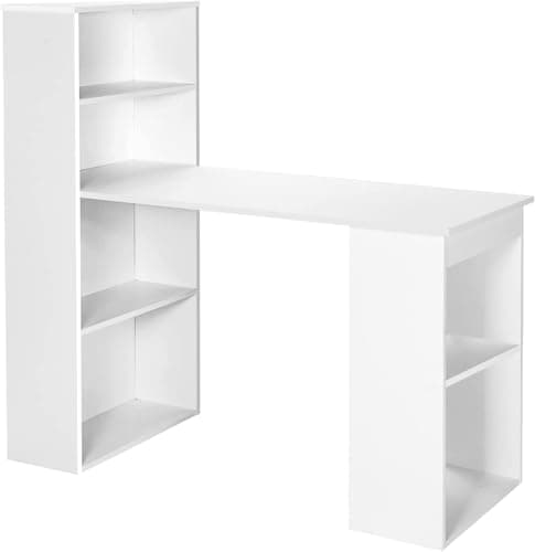 Image of COSTWAY 110cm/122cm Computer Desk, Wooden PC Laptop Table Writing Workstation with 4/6-Tier Storage Bookshelves, Modern Home Office Working Study Desk (White, 122 x 52 x 120cm)