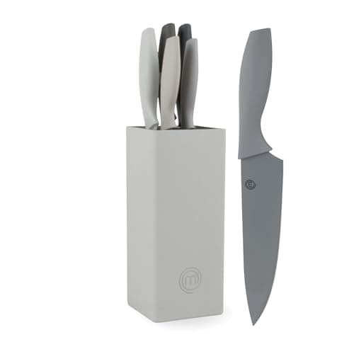 Image of MasterChef Knife Set with Block, 5 Kitchen Knives with Sharp Stainless Steel Blades (Chef, Paring, Utility, Carving, Bread) Soft Touch Easy Grip Handles & Universal Knife Holder, Earth Greys
