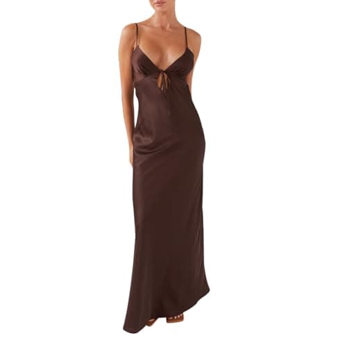 Image of FeMereina Women Satin Cami Dress Sleeveless Tie-Up Front Long Dress Solid Color Deep V Neck Backless Silky Cocktail Party Dresses (Coffee, L)