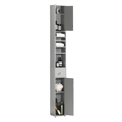 Image of SoBuy Tall Bathroom Cabinet 20cm Wide - Freestanding Slim Bathroom Storage Unit - Wooden Cupboard MDF with Adjustable Shelves and Drawer, Compact Storage Cupboard, Light Grey, 20x20x180cm, BZR34-II-HG