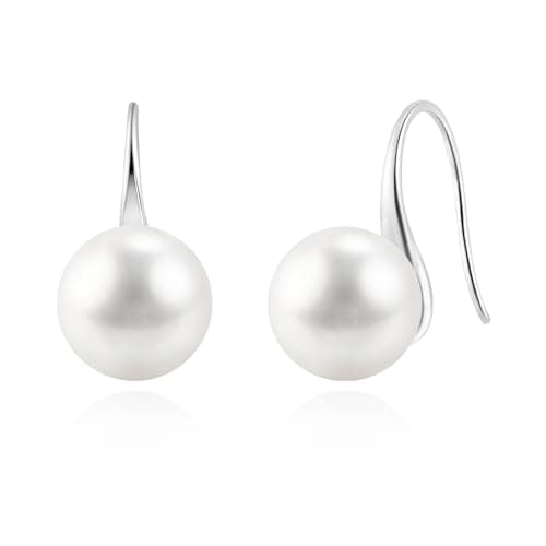 Image of Weviway 925 Sterling Silver Pearl Drop Earrings for Women - Hypoallergenic 10mm White Pearl Earrings Dangle Earrings for Women Wedding