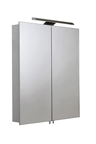 Image of Croydex Sudbury Bathroom Mirror Cabinet with LED Lighting Bar and Hang N Lock Fitting System, Double Mirror Doors with Aluminium Carcass and Integrated Shaver Socket, Silver (70 x 60 x 12 cm)