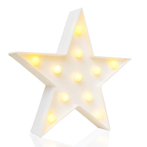 Image of NOVELTY PLACE LED Star Marquee Sign Night Lights, Warm White LED Lamp - Living Room, Bedroom Table & Wall Christmas Decoration for Kids & Adults - Battery Powered 10 Inches High