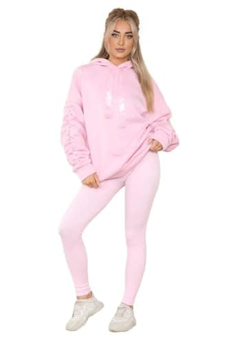 Image of HUBIBUBI Women's Ruched Sleeve Oversized Hoodie Ladies Ribbon Hoodie Jumper top Sizes 8-22 (UK, Numeric, 20, 22, Regular, Regular, Baby Pink)