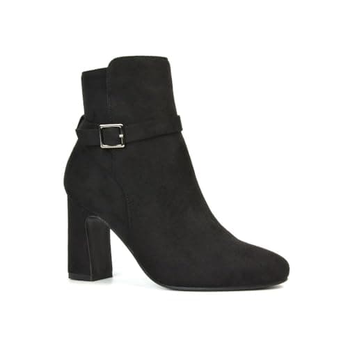 Image of ESSEX GLAM Women's Ankle Boots Block Mid High Heel Ladies Black Faux Suede Buckle Strap Shoe Booties Size 3