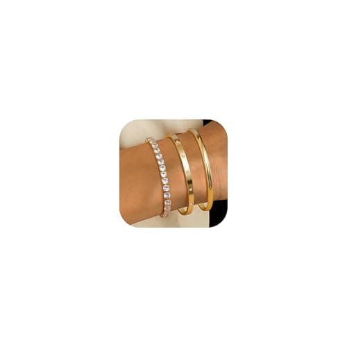 Image of ORAZIO 3Pcs Gold Bracelet for Women 14K Gold Plated Bangle Cuff Tennis Bracelet Adjustable Stacking Bangle Link Chain Bracelets Gold Jewellery Gifts Set for Women