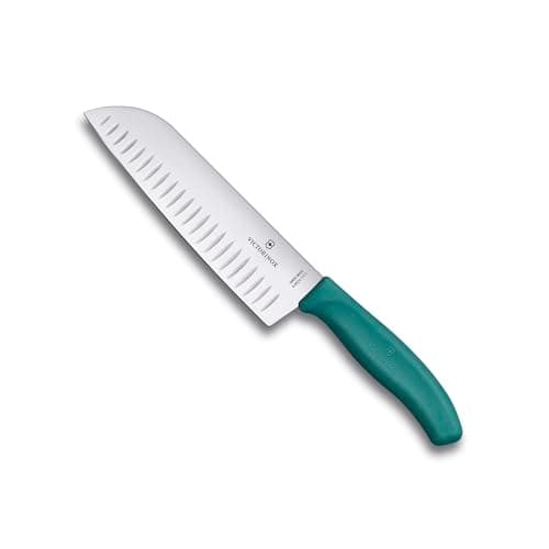 Image of Victorinox Swiss Classic Santoku Knife, Asian-Style Knife, Extra-Sharp Blade, Bevelled Edge, 17 cm, Stainless Steel, Blister, Green
