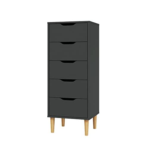 Image of Panana Chest of Drawers, Wood 5 Drawers Cabinet Narrow Storage Organiser Unit with Wooden Legs for Living Room Bedroom Hallway (Dark Grey)