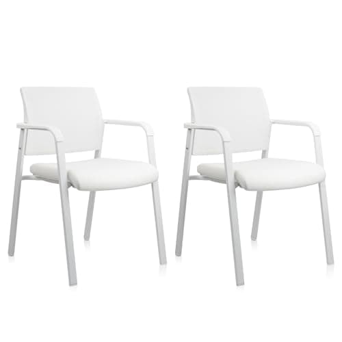 Image of CLATINA Stacking Office Chairs | Mesh Back, Thicken Leather Seat and Arms, Ergonomic Lumbar Support | Guest Reception, Waiting, Conference, School, Party, Customer, Side, Stationary | Set of 2, White